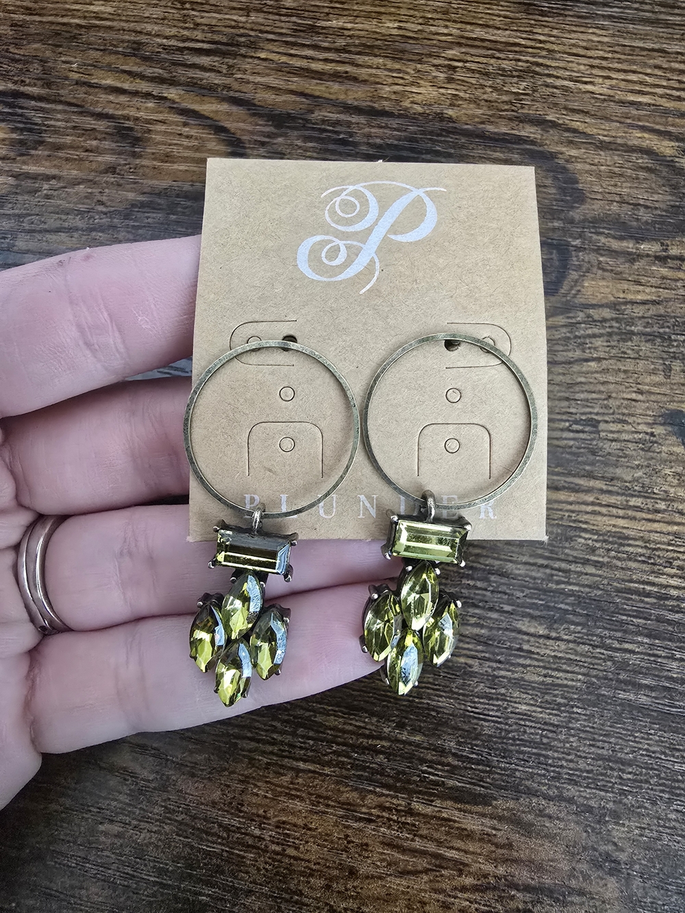 Plunder Gold Hoop Earrings with Olive Green Crystal Drops